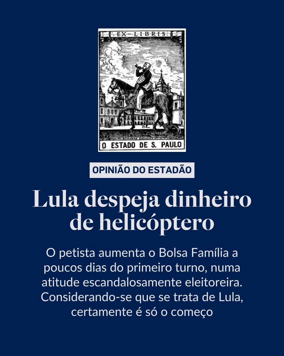 Estadao's tweet photo. EDITORIAL | Lula despeja dinheiro de helicóptero – “Quanto mais a eleição se acirra, mais o governo encontra espaço para gastar, emprestar, subsidiar ou perdoar”. Leia o texto completo em https://t.co/FhpjbdqqHL https://t.co/gxn7ZJEc0Z