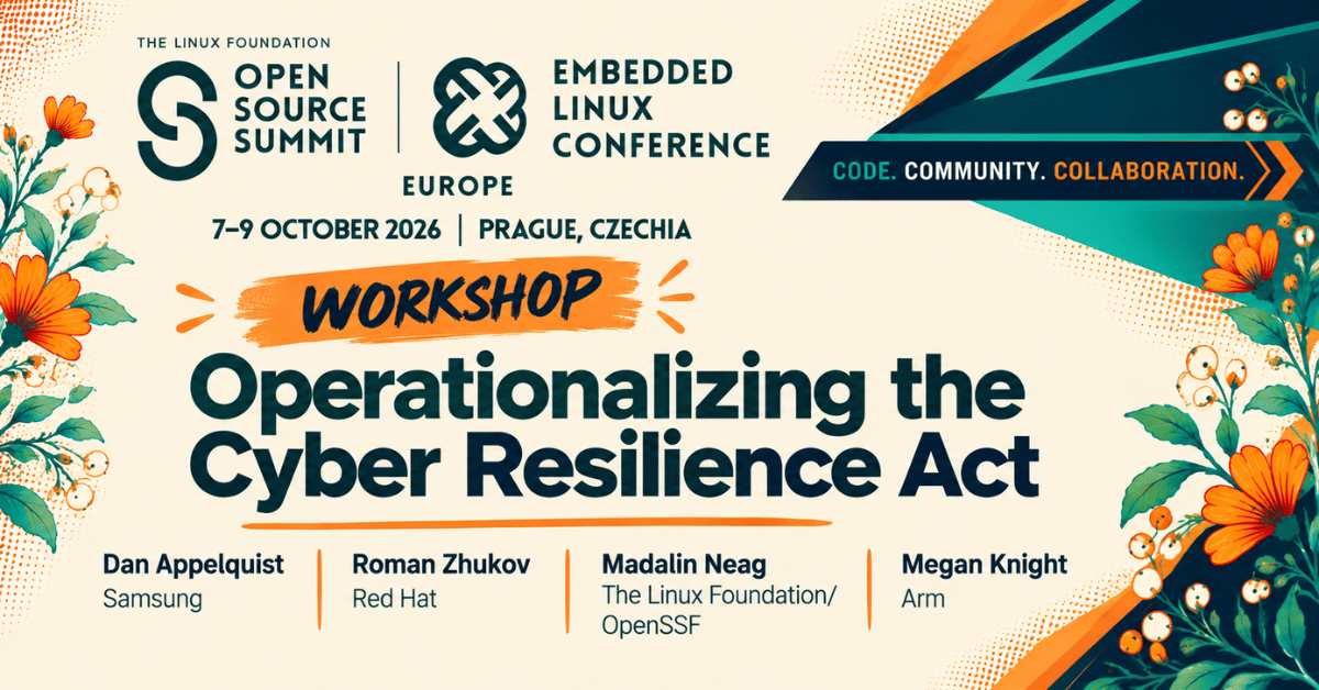 linuxfoundation's tweet photo. What does CRA readiness mean for your role?

Tackle real-world challenges with OpenSSF at #OSSummit + #EmbeddedLinux Conference Europe.

📍 Prague, Czechia | 7-9 October 2026

Save up to €250 through 21 September: https://t.co/mUeu6IhWO5 https://t.co/sZ3Tyi7WPa