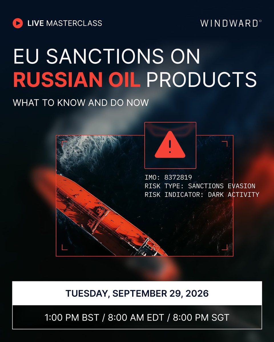 WindwardAI's tweet photo. EU sanctions target refined products from Russian crude, even when refined in a third country. Windward's Michelle Wiese Bockmann (@Michellewb_) and Angela Freeth discuss what to do about it in a live masterclass, Sept 29.

Register. https://t.co/R9Sfio9oSv https://t.co/J4dWDbm7xe