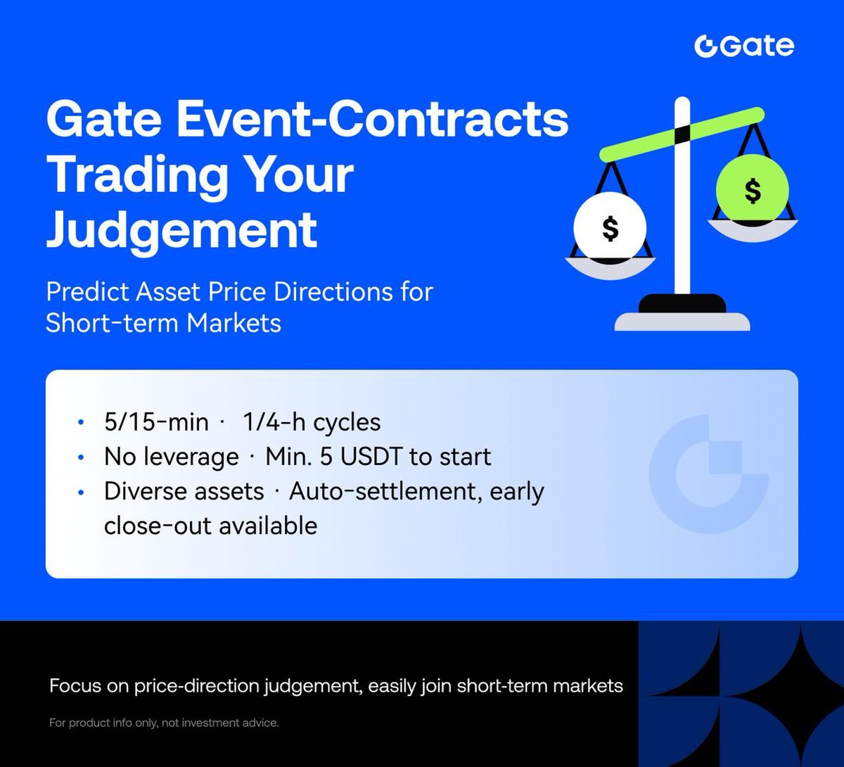 Gate_Launch's tweet photo. 🚀 Gate Event‑Contracts: From "watching the market" to "trading your judgement"
Simply predict an asset’s price direction within a set time frame to join short‑term markets. 

🔹 Short‑term markets: 5‑min, 15‑min and more 
🔹 Bullish / Bearish: Simply pick price direction 
🔹 No leverage, no margin required 
🔹 Start trading with a minimum of 5 USDT 
🔹 Auto‑settlement upon event end; early close‑out is also supported 
🔹 Wide range of assets: BTC, ETH, SOL, MU, SNDK, Unitree Robotics and more

Head to Gate Event‑Contracts and trade your judgement 
👉 Trade Now: https://t.co/PXhAtNIkrf