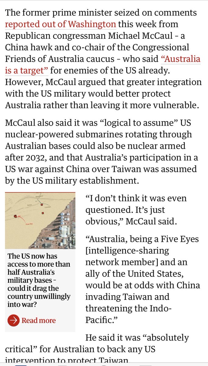 DougCameron51's tweet photo. Paul Keating calls out the madness that is AUKUS. We need sensible members of the Labor caucus to speak up and support Keating. Malcolm Fraser’s book “Dangerous Allies” preempted the defeat and retreat  of the US in a war with China.We are being treated as mugs by the US and UK! https://t.co/DqQfWWicCX