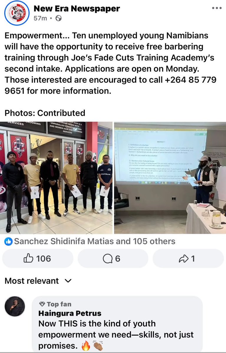 Jfadescuts's tweet photo. 10 unemployed young Namibians will have the opportunity to receive FREE barbering training through our second intake. ✂️🔥

📰 Featured in the Windhoek Observer and New Era Newspaper.

Applications officially open this Monday. Application forms will be available from Monday. https://t.co/HNR7WgUFik