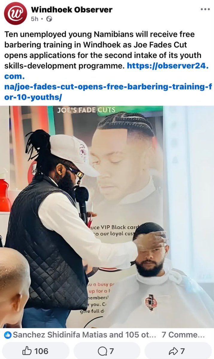 Jfadescuts's tweet photo. 10 unemployed young Namibians will have the opportunity to receive FREE barbering training through our second intake. ✂️🔥

📰 Featured in the Windhoek Observer and New Era Newspaper.

Applications officially open this Monday. Application forms will be available from Monday. https://t.co/HNR7WgUFik