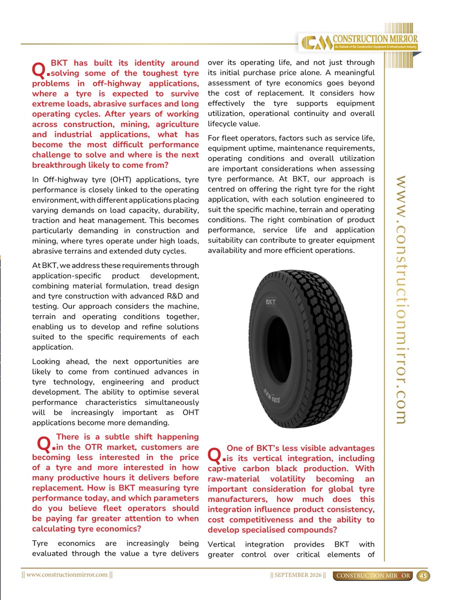 constructioncm1's tweet photo. Mr. Farid Ahmed, @BKTtires, discusses the future of Off-Highway Tyres, tyre economics, radial technology, e-ready solutions, OEM collaboration and BKT’s Vision 2030 at #baumaCONEXPOIndia2026
Read more: https://t.co/EK1quXy5SP
#ConstructionMirror #BKT #OHT https://t.co/GNWVfIcnzs