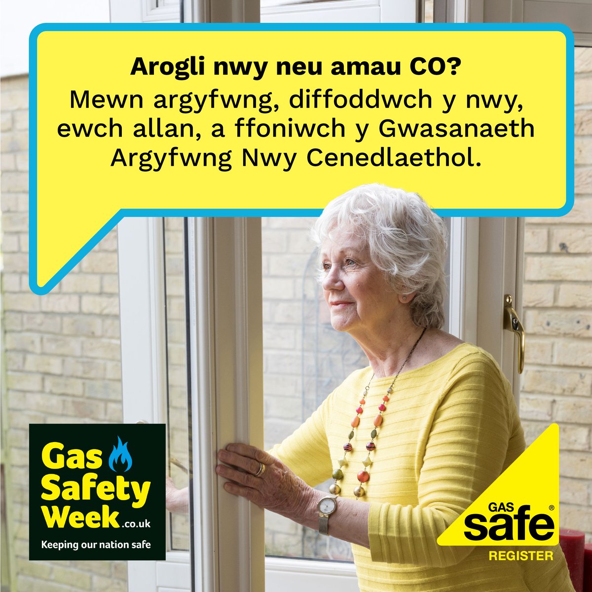 GasSafeRegister's tweet photo. Mewn argyfwng nwy, mae’n bwysig gweithredu’n gyflym. Stopiwch ddefnyddio offer nwy, diffoddwch y nwy wrth y mesurydd, agorwch ffenestri, ewch allan, a ffoniwch y Gwasanaeth Argyfwng Nwy Cenedlaethol ar 0800 111 999. Ceisiwch gymorth meddygol os ydych chi’n teimlo’n sâl. https://t.co/lKvMMvq8Nd