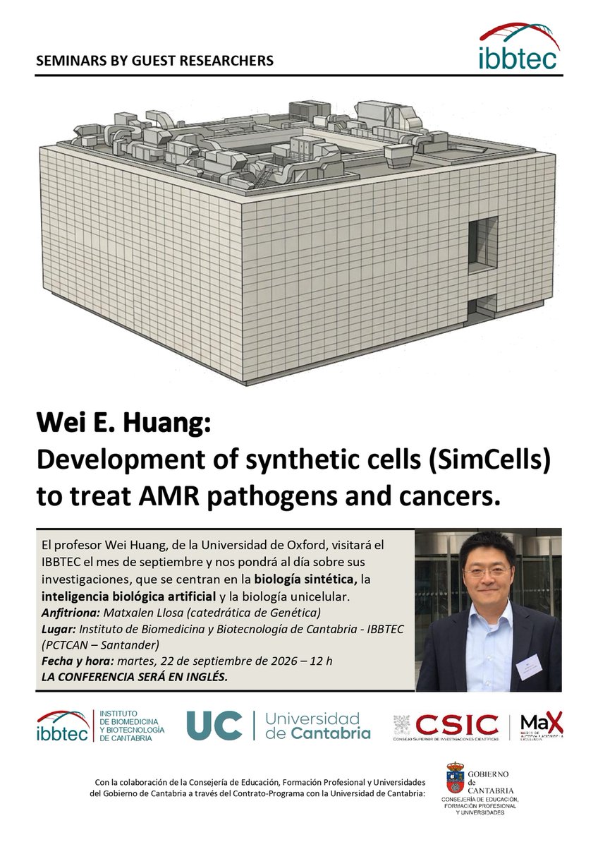 IBBTEC's tweet photo. SEMINARS AT THE @IBBTEC:
Professor Wei Huang (University of Oxford)
>> SYNTHETIC CELLS TO TREAT ANTIMICROBIAL-RESISTANT PATHOGENS AND CANCER
Tuesday, September 22
12 h
#IBBTEC #Seminar #AMR #SimCells #syntheticBiology https://t.co/KBDjuQWDl3