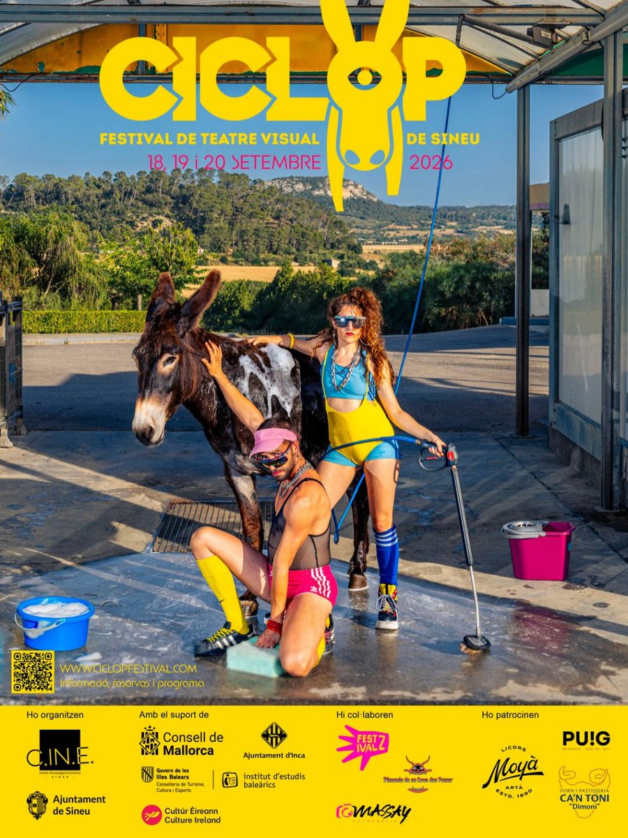 Two people in colorful outfits pose playfully with a donkey under a metal structure. The background features a scenic view of fields and hills. The image promotes the "Ciclop Festival de Teatre Visual de Sineu" set for September 18-20, 2026. Various sponsors and organisers' logos, including Culture Ireland are displayed at the bottom.