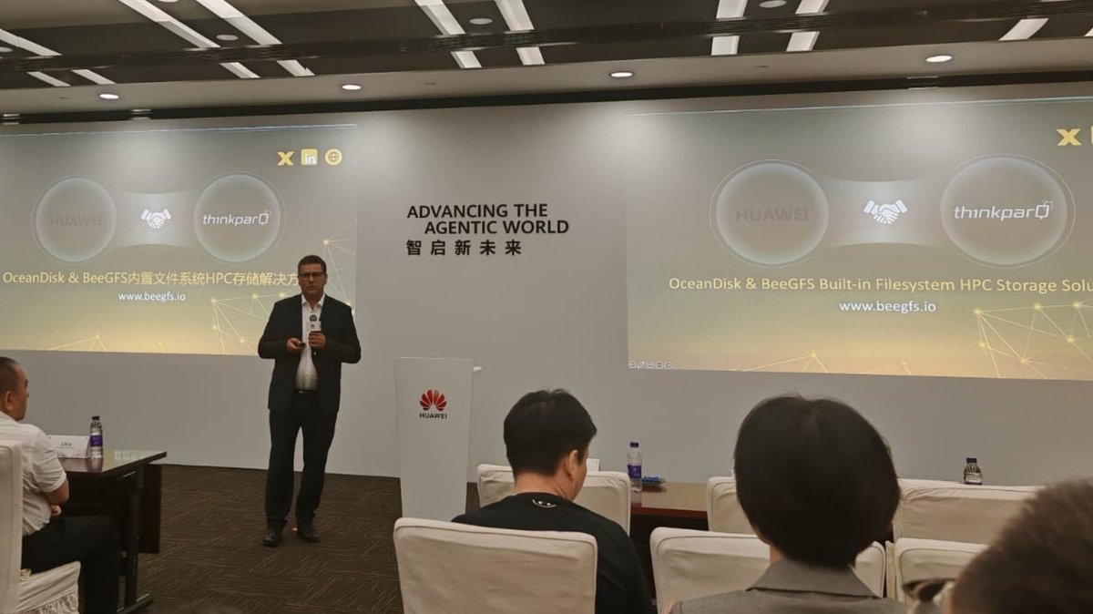 ThinkParQ's tweet photo. Exciting days in Shanghai!

BeeGFS and Huawei officially launched the joint OceanDisk solution at HUAWEI CONNECT 2026. Our CEO, Frank Herold, took the stage today to showcase BeeGFS running natively on the OceanDisk 1610 for HPC and AI. 

We can’t wait to see what comes next. https://t.co/wkFi79RL3O