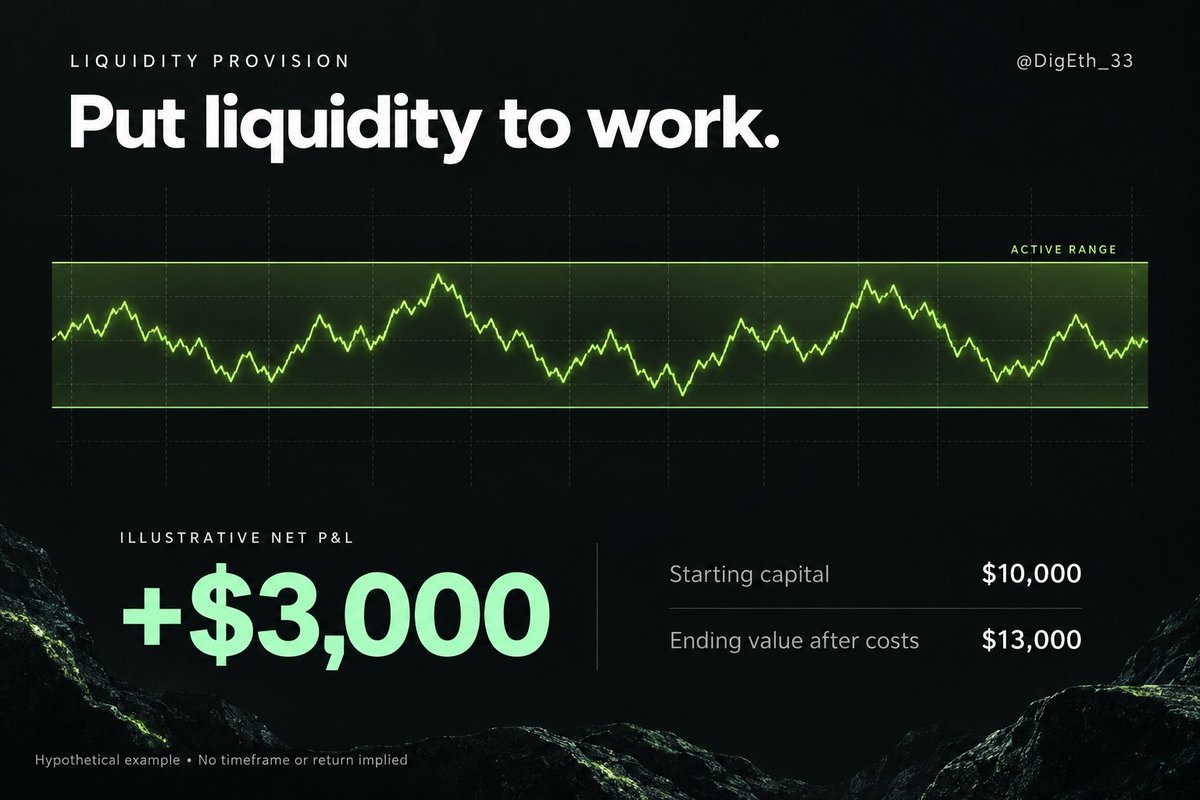DigEth_33's tweet photo. I see liquidity provision (LP) as the biggest opportunity in DeFi right now. 
I’m going to break down how to earn from it, starting with the mechanics and working through to managing an actual position.

The idea is straightforward: you deposit tokens into a liquidity pool on a decentralized exchange. Traders swap against that liquidity, paying fees that are shared with the liquidity providers whose capital those swaps use.

That gives you a way to earn from trading activity. But fees are only part of the picture, because those trades also change what you own.

Take an ETH/USDC position. As traders buy ETH from your liquidity, you end up with less ETH and more USDC. When they sell ETH into it, the balance moves the other way. You’re earning fees while your exposure changes, and that combination determines the outcome.

This is where the interesting work begins. 
• Which pool actually gets the volume? 
• How much other liquidity are you competing with? 
• Where should you place your price range? 
• What will you be holding if the market moves against you?

I’ll work through those decisions here with calculations and practical examples across EVM and Solana, including Delta and Meteora. We’ll cover pool selection, impermanent loss, Spot, Curve and Bid-Ask, when to rebalance, and how to calculate profit after costs.

Memecoin pools will be part of it too. Their trading activity can generate substantial fees, but a position can also accumulate a token that keeps falling. Both sides belong in the analysis.

The goal is to give you a process you can use: understand where the income comes from, choose the exposure you want, and check whether providing liquidity actually paid better than simply holding the same assets.

#lping #defi