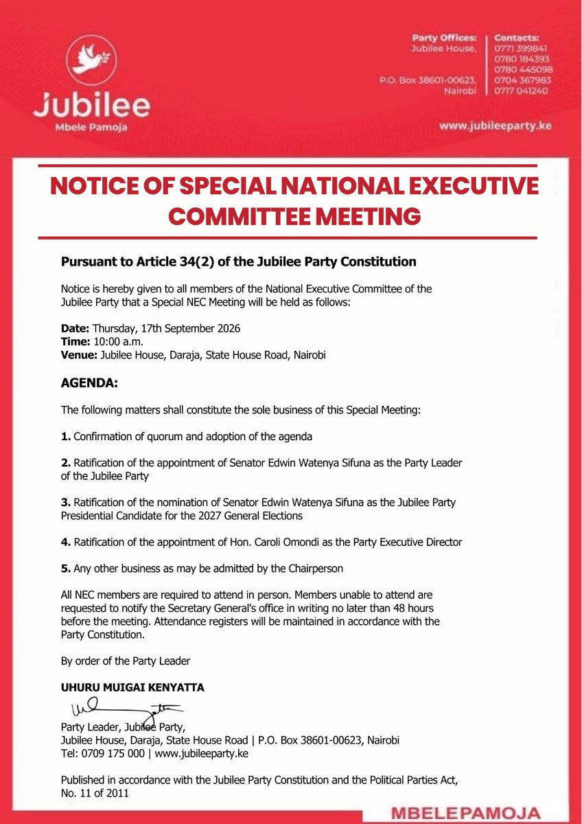 ikambio1's tweet photo. Coming just days after the court ruling, the NEC meeting demonstrated how quickly political institutions can move when the electoral clock is ticking.\
Wapi Makende Moja\
Babu Saves\
RIP Matiangi\
#Sifuna2joinJUBILEE https://t.co/f82PyAOZEs