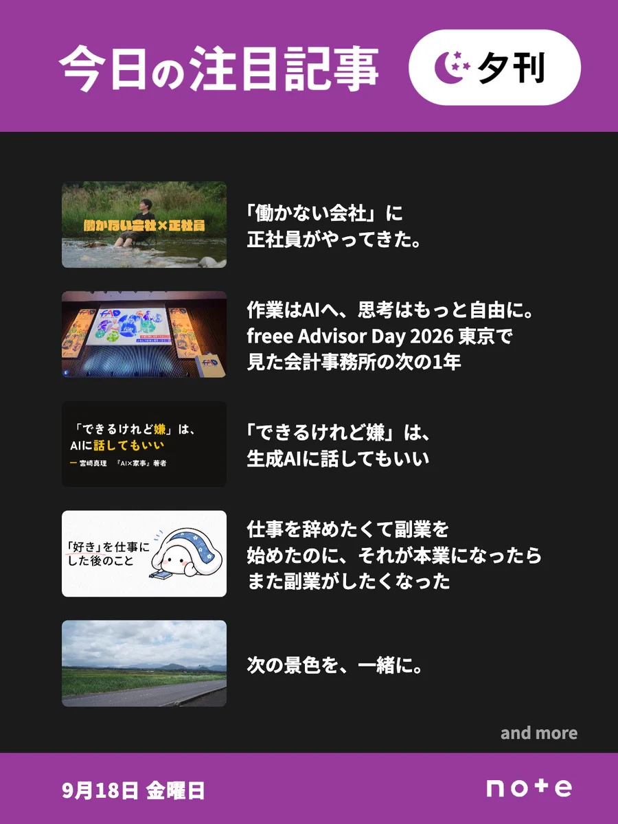 noteの「今日の注目記事 夕刊」（9月18日 金曜日）のお知らせ画像。5記事分のサムネイル画像とタイトルが並んでいる。1記事目、「働かない会社」に正社員がやってきた。2記事目、作業はAIへ、思考はもっと自由に。freee Advisor Day 2026 東京で見た会計事務所の次の1年。3記事目、「できるけれど嫌」は、生成AIに話してもいい。4記事目、仕事を辞めたくて副業を始めたのに、それが本業になったらまた副業がしたくなった。5記事目、次の景色を、一緒に。「and more」の表記。