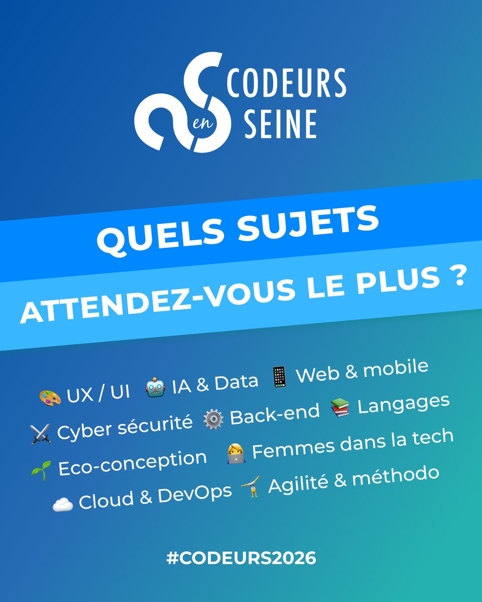 codeursenseine's tweet photo. 🎤 Codeurs en Seine 2026 se construit avec vous !
En 𝟯𝟬 𝘀𝗲𝗰𝗼𝗻𝗱𝗲𝘀, votez pour les thématiques qui vous passionnent et aidez-nous à bâtir un programme au plus près de vos attentes.
👉 https://t.co/5EIL8ddHRe
#CodeursEnSeine #Codeurs2026 #ConférenceTech #TechNormande https://t.co/EHznS10ZGy