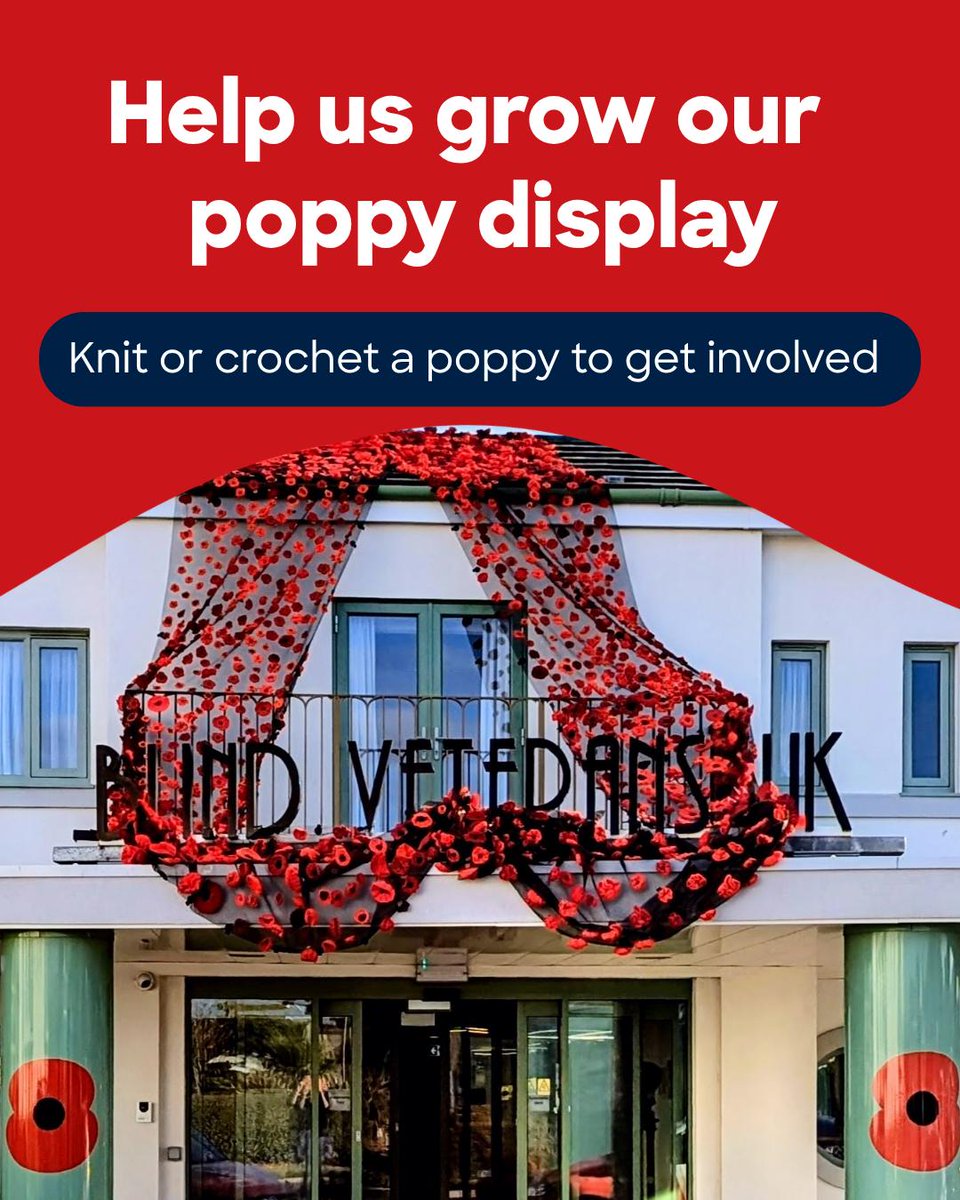 A handmade red poppy display covers the front of a white building. Text reads, “Help us grow our poppy display. Knit or crochet a poppy to get involved.