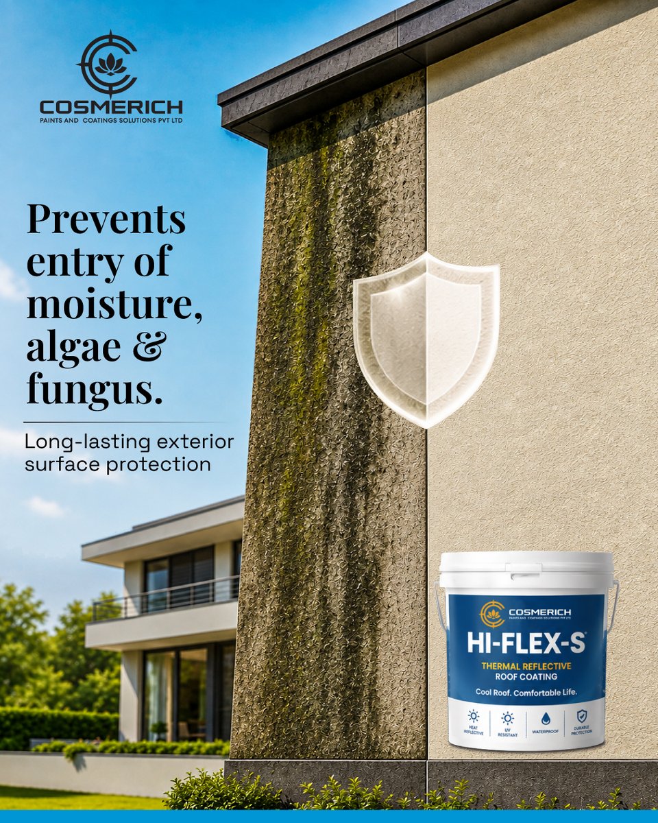 CosmerichSoln's tweet photo. Keep moisture, algae &amp; fungus away. Protect your exteriors with Cosmerich Hi-Flex-S. 🏠📷 📷 
📞 Call: 79775 11826
💬 WhatsApp: 93721 22782  
#HiFlexS #RoofCoating #ExteriorProtection #Waterproofing #MoistureProtection #AlgaeProtection #FungusProtection #CoolRoof https://t.co/VFiVIsxESt