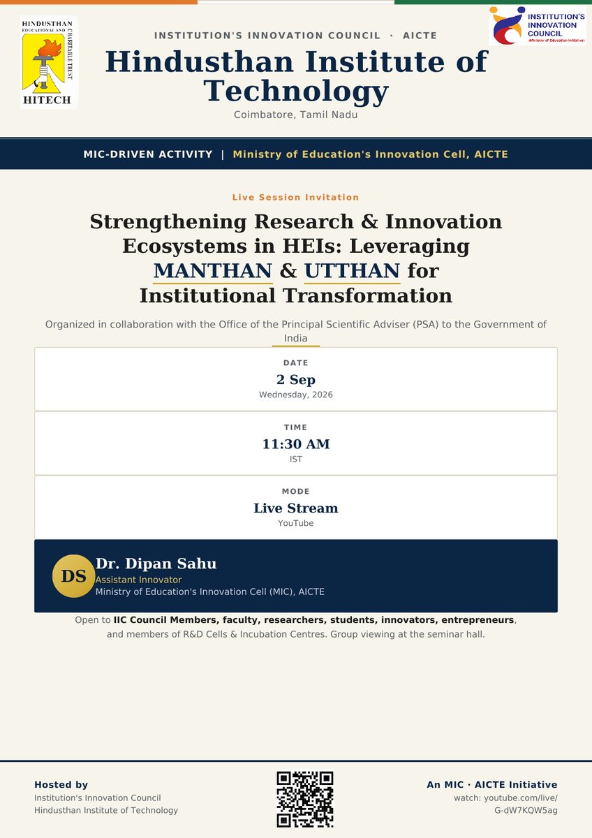 hecthitech's tweet photo. Strengthening Research and Innovation Ecosystems in HEIs: Leveraging MANTHAN and UTTHAN for Institutional Transformation.

DATE: 02.09.2026 https://t.co/YIixcs3Awp