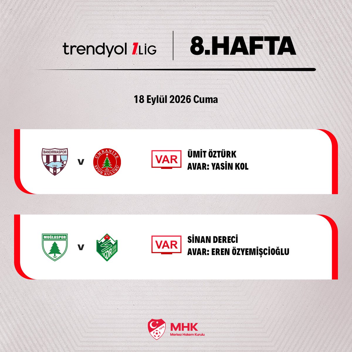 MHK_Resmi's tweet photo. Trendyol 1. Lig’de bugün oynanacak maçların VAR ve AVAR hakemleri belirlendi. https://t.co/IVGLHXR4ai