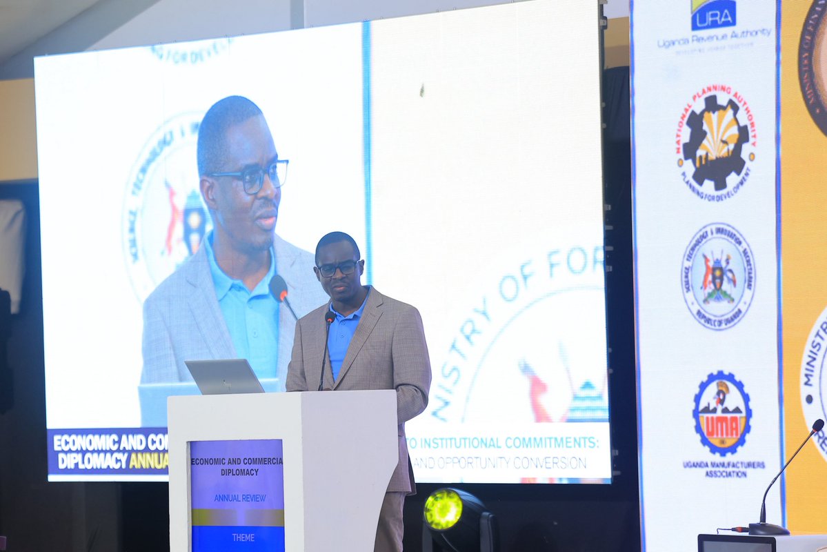 UgandaMFA's tweet photo. Mr. Joseph Enyimu, Commissioner for Economic Development and Policy Research @mofpedU, While conveying central messages from the previous high level deliberations.

FY 2025/26 was a breaking point, with exports and tourism receipts delivering record performance. 

Economic and Commercial Diplomacy is a make-or-break component of the Tenfold Growth Strategy. 

We now have a sizable pipeline of leads that must be converted into deals, supported by systems such as IFAS to track ECD progress. 

There is also a need to expand the investment promotion programme, while Science, Technology and Innovation should be approached as a cross-cutting component across the ATMS, rather than as a stand-alone area.
