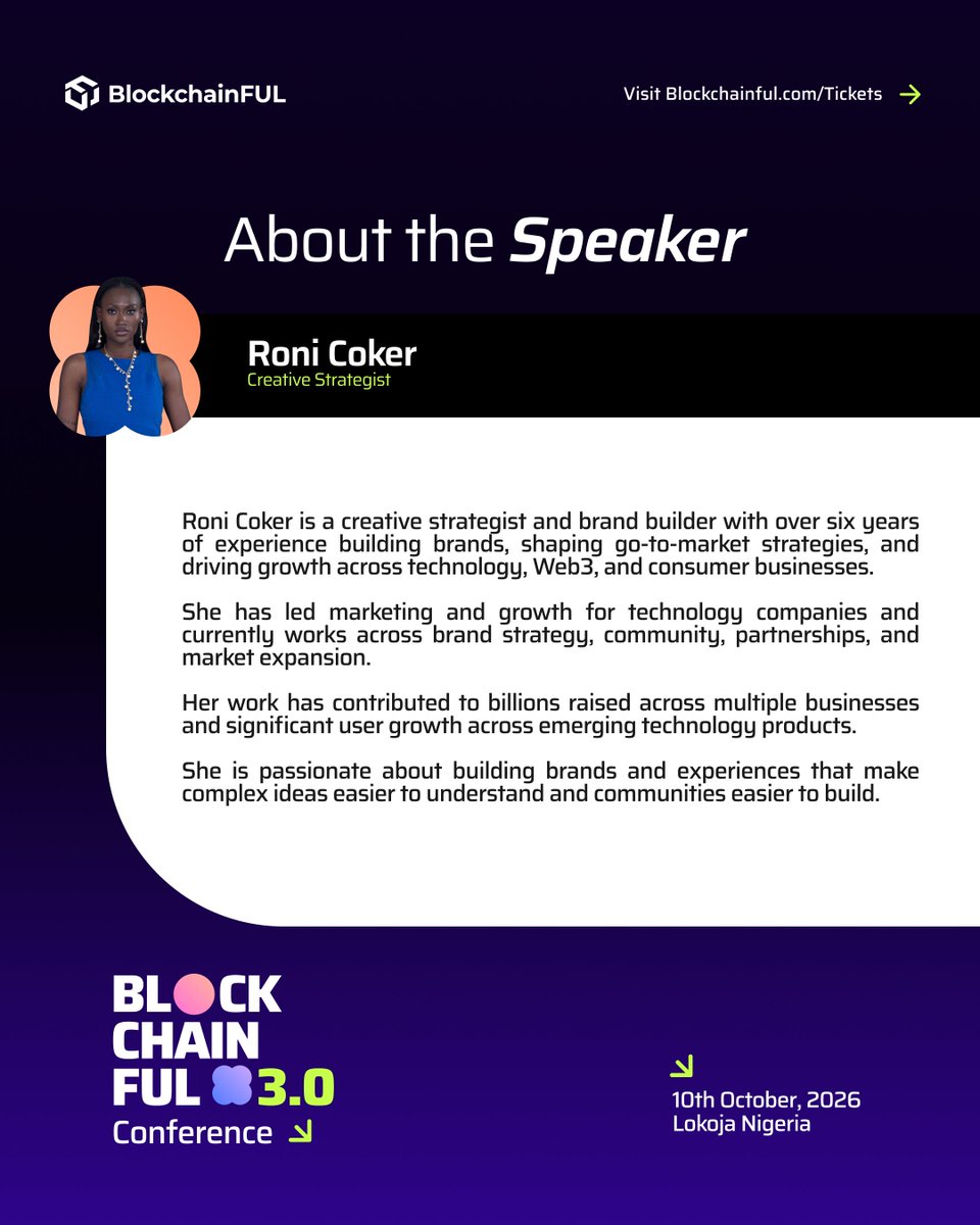 BlockchainFul's tweet photo. We are pleased to welcome Roni Coker as a Speaker at #BlockchainFULConference2026.
Roni is a creative strategist and brand builder with over six years of experience building brands, shaping go-to-market strategies, and driving growth across technology, Web3, and consumer businesses.
She has led marketing and growth for technology companies and currently works across brand strategy, community, partnerships, and market expansion.
Her work has contributed to billions raised across multiple businesses and significant user growth across emerging technology products.
Join Roni on October 10th.
🎟️ Get your ticket at https://t.co/LDxx8i3FcA