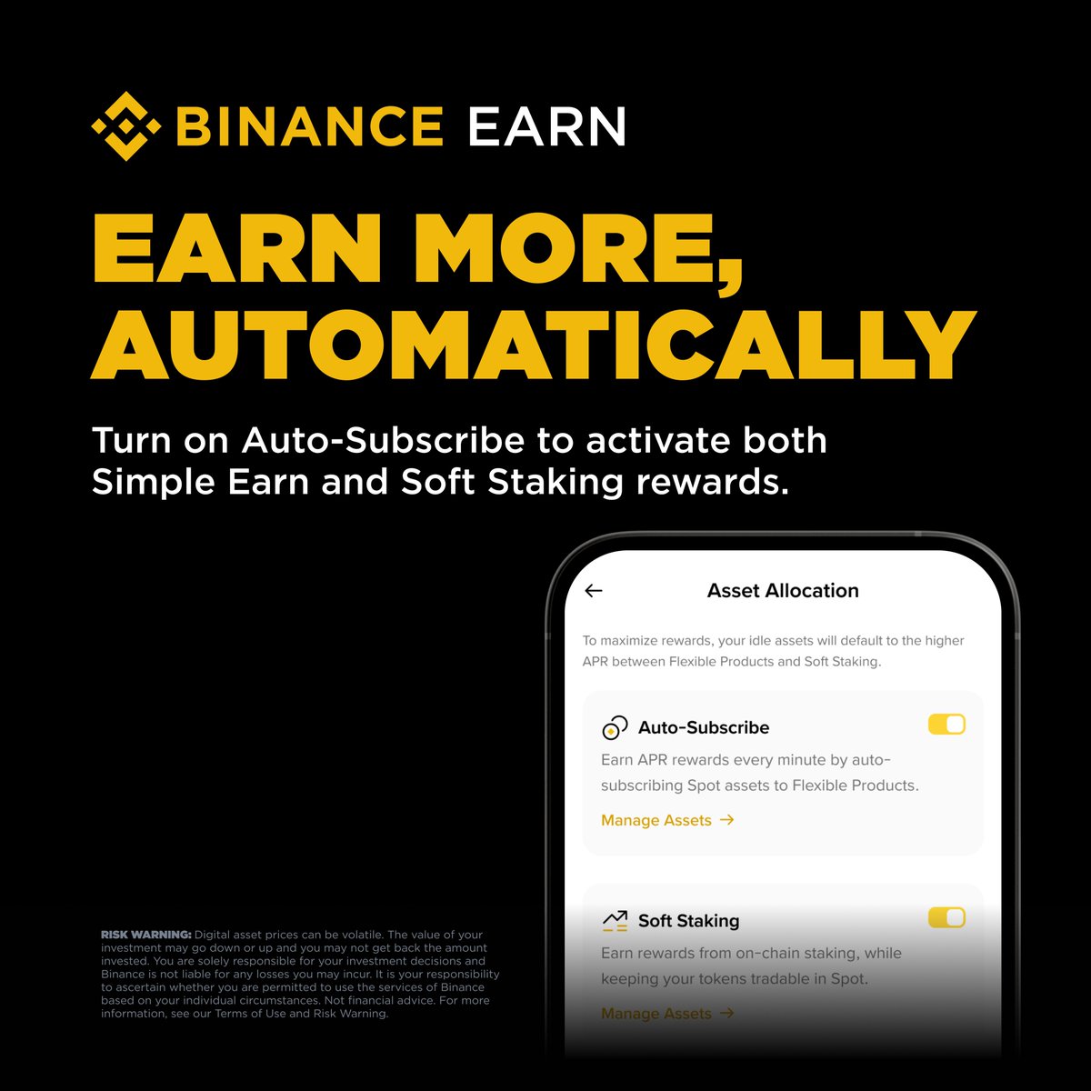 binance's tweet photo. Your assets, working two jobs at once.

Turn on Auto-Subscribe and let Simple Earn + Soft Staking run together, automatically picking whichever APR is higher.

Zero micromanaging required.

Explore now → https://t.co/9AP9v5nvbH https://t.co/gLfJ7gqJCF