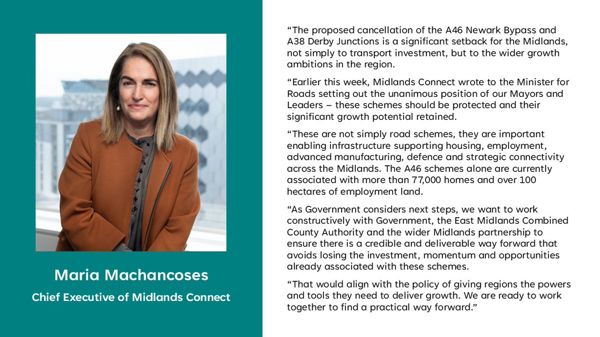 MidsConnect's tweet photo. The proposed cancellation of the A46 Newark Bypass and A38 Derby Junctions is a significant setback to the Midlands.

Earlier this week, we wrote to Government clarifying the position of our Mayors &amp; Leaders – they should be protected &amp; their growth potential retained. (1/5) https://t.co/3NNTFtEKjF