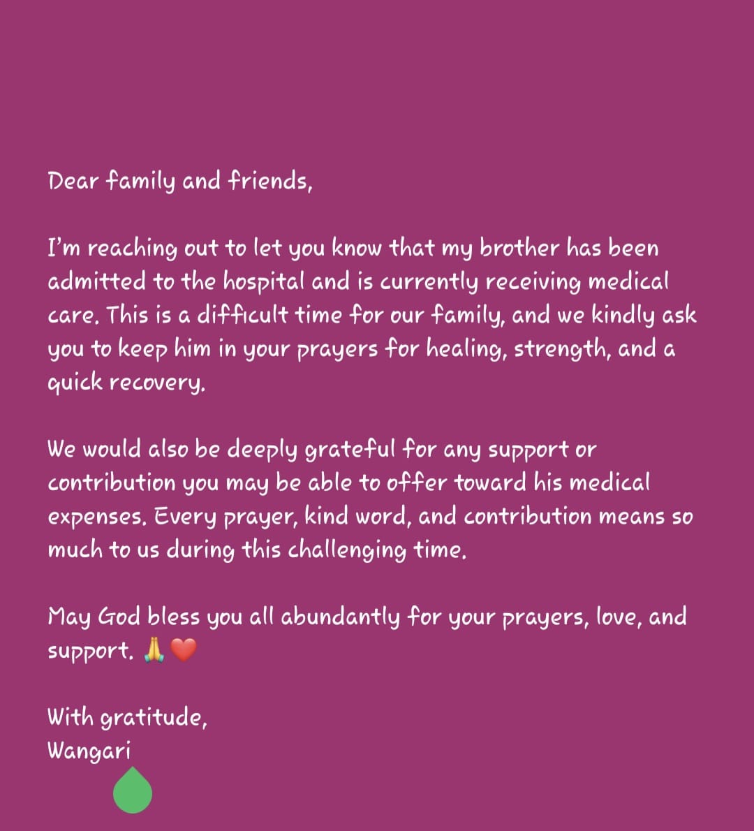 Kianangih's tweet photo. Guys, I have received information that Nyash is admitted in hospital, tangu Jana

This is my humble appeal that we support @AllanNyash and his family in any way we can. Finances, prayers, shares all are appreciated 

Mpesa number is - 0720377656

Thank you 🙏🏾 https://t.co/ONkcFFlYiS