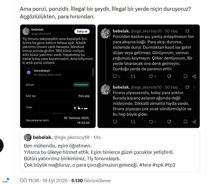 killyourlosers's tweet photo. Şu mağdur edebiyatından midem bulanıyor. Retweet edemediğim için böyle paylaşıyorum. Adam her şeyi biliyor. Kurnaz, uyanık, aç gözlü ve de ahlaksız. Üstelik bir de öğretmen. Fonları alırken tüm risklerin farkında ve en önemlisi diyor ki bundan erken kaçmak lazım. Yani sen kaçarken birilerinin içeride hapsolacağını biliyorsun. Aynı karpuzcu i.nesi gibi. Yani ben kaçayım diğerine ne olursa olsun. Buna benzer meşhur bir dizi  vardı; SQUID GAME. Para için birbirlerini göz kırpmadan öldürüyorlardı. Şimdi de edebiyat yapıyor; öğretmenmiş, yıllarca hizmet etmiş,  bir başkası dişimizden tırnağımızdan arttırdığımız diye başlıyor. Şu adamların elle tutulur tek savunulacak tarafları yok. Buna seviniyor muyuz, hayır. Biz siz değiliz; sizler kazanırken bizim sizi kıskandığımızı iddia edip dalga geçebilecek karakterlersiniz. Ama biz öyle değiliz. Sadece bize yeterince zarar verdiniz, farkında değilsiniz, olsanız bile umrunuzda olmaz. O yüzden şahıslar önemli değildir. Benim için önemli olan piyasanın ayakta kalmasıdır. İdare piyasayı korusun, birbirini yemeyi göze alan ahlaksızları değil.