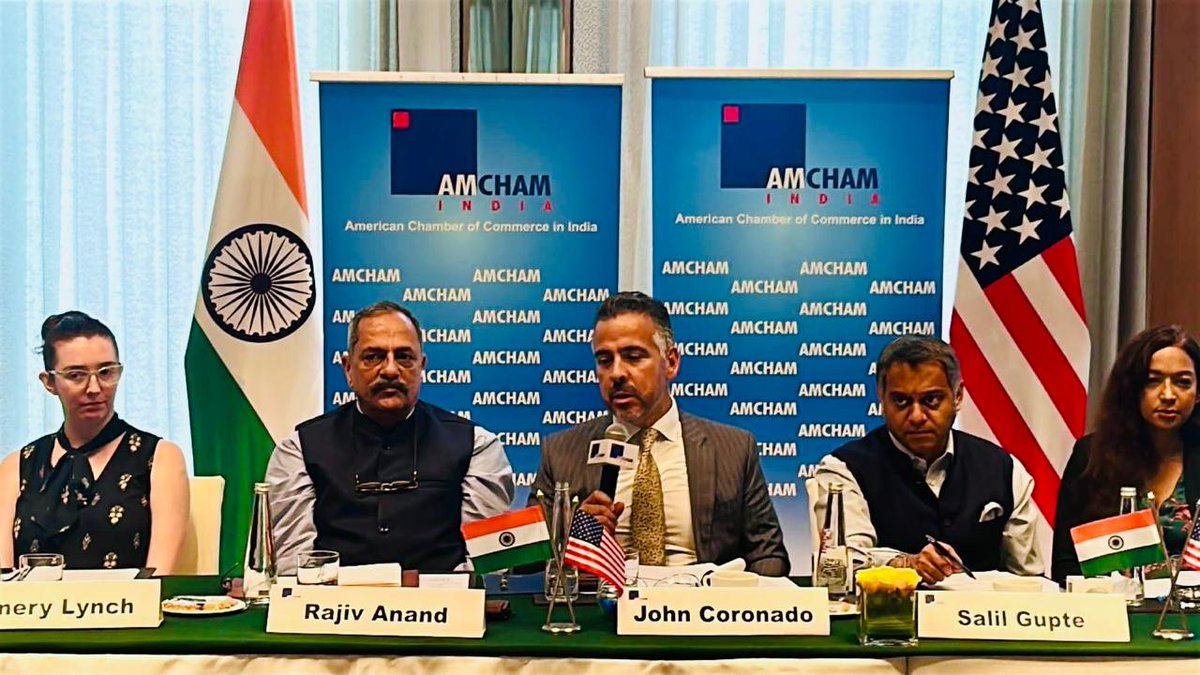 AmchamIndia's tweet photo. AMCHAM hosted a closed-door roundtable with the new Minister Counselor for Commercial Affairs, John Coronado, U.S. Embassy, to share market access challenges, trade barriers, and the overall ease of doing business in India. The discussion with U.S. industry covered agriculture and food processing, BFSI, civil aviation, cyber security, ICT, infrastructure, manufacturing, MedTech, pharmaceuticals, supply chain and logistics, and taxation. AMCHAM is committed to strengthening the bilateral economic partnership together and excited to have Mr. Coronado as our Honorary National Executive Board member!

#USIndiaPartnership #USIndia #AMCHAMIndia
@USAndIndia @ExportGov