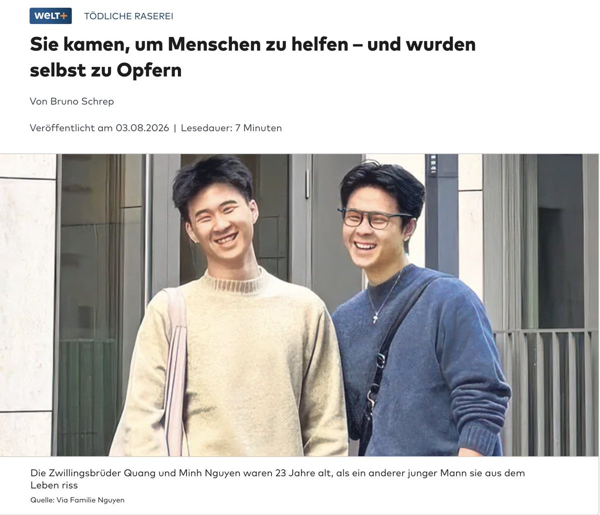 BeaBovary's tweet photo. Zwei Arten Migration. Die einen lernen Deutsch, werden Pflegehelfer, Zahnarzthelfer. „Patienten haben sie geliebt.“ Quang und Minh Nguyen. 23. Tot. Ihr Freund verliert sein Bein, muss nun lebenslang selbst gepflegt werden. 

Der andere leiht das Auto des strengen Vaters, Lachgas, Spaßfahrt – und überfährt sie. Rast noch mehrere Kilometer weiter, obwohl er kaum etwas sieht. Urteil: drei Jahre. Die Mutter der Zwillinge bricht bei der Verkündung in Tränen aus. Die Staatsanwalt wollte acht.