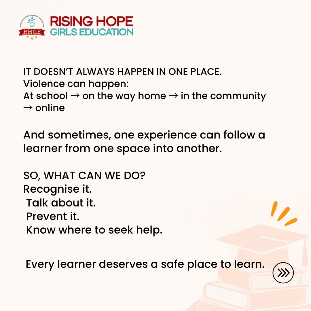 RisingHopeGirls's tweet photo. We hear about SRGBV and TFGBV, but do we really understand what they mean?

Violence can happen at school, in our communities, and online.

Understanding it is a step towards preventing it.

Every learner deserves a safe place to learn.

#SRGBV #TFGBV #SafeReporter #RHGE https://t.co/nGrPsqGeR1
