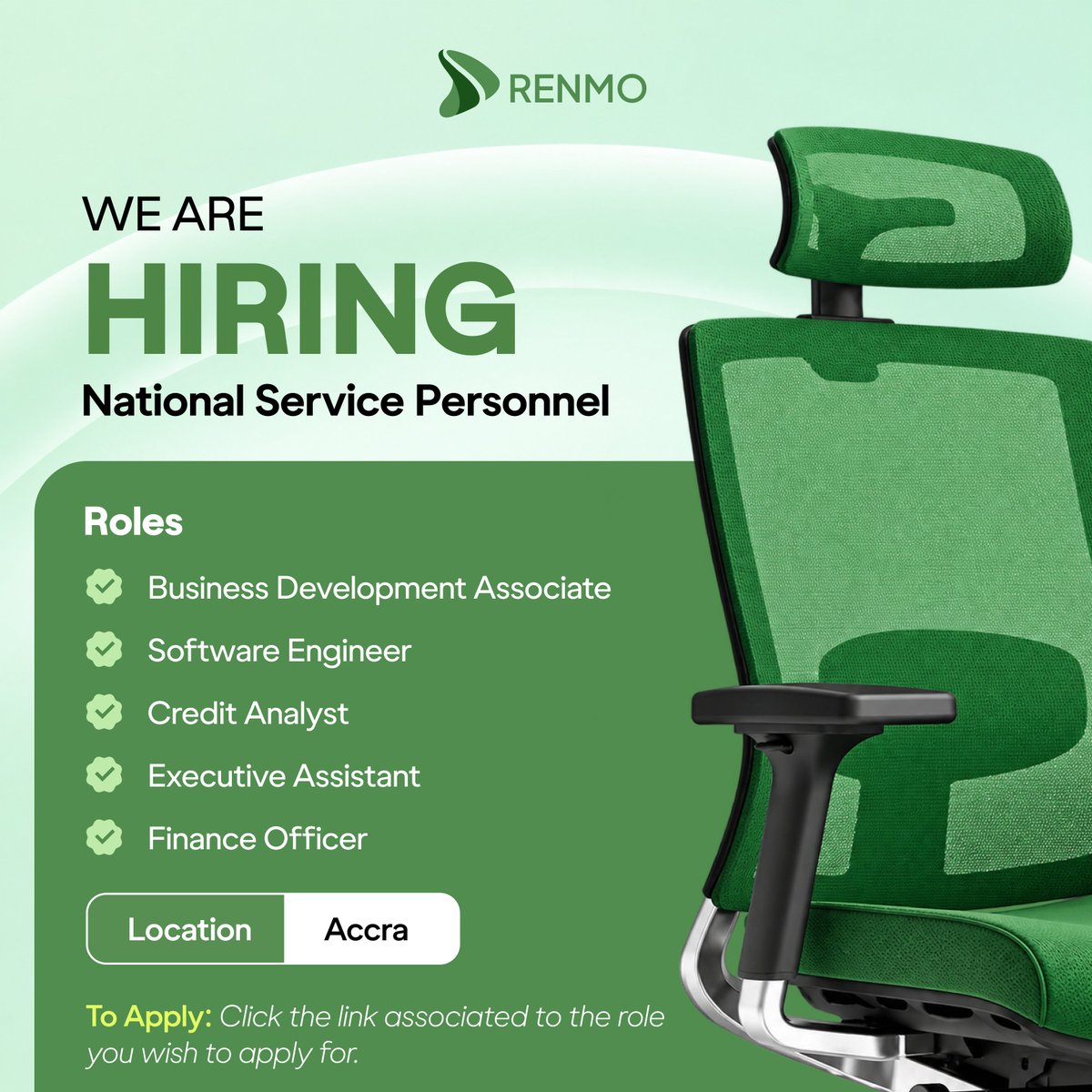 RenmoHomes's tweet photo. π¨ NSS OPPORTUNITY!
Renmo is hiring National Service Personnel in Accra for roles including:
β’ Business Development Associate
β’ Software Engineer
β’ Credit Analyst
β’ Executive Assistant
β’ Finance Officer
Apply and start your journey as a Renmonite. π
#Renmo #NSSGhana https://t.co/j0YHteno32