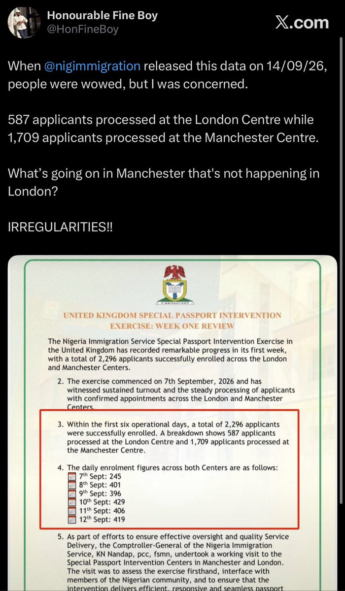 HonFineBoy's tweet photo. @Oluomoofderby @nigimmigration @Nigerialondon @NIUKCommunity 

This is what is happening in intervention centres in Manchester and London.

The commission's officials are practising irregularities.

This action is neither reasonable nor fair to those living in London and nearby. https://t.co/1xKIwJeVJ7