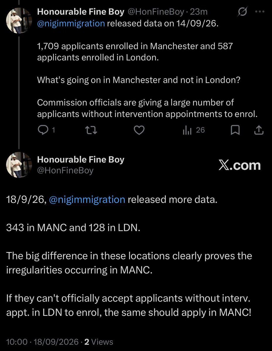 HonFineBoy's tweet photo. @Oluomoofderby @nigimmigration @Nigerialondon @NIUKCommunity 

This is what is happening in intervention centres in Manchester and London.

The commission's officials are practising irregularities.

This action is neither reasonable nor fair to those living in London and nearby. https://t.co/1xKIwJeVJ7