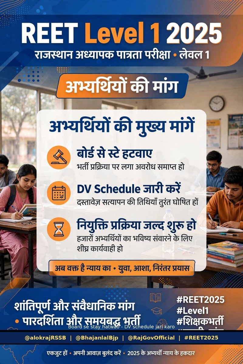 JaySa1453288575's tweet photo. REET Level 1 2025 अभ्यर्थियों की सरकार से एक ही मांग है - 1. बोर्ड मजबूत पैरवी करके भर्ती से स्टे हटवाए @alokrajRSSB
2. DV (दस्तावेज सत्यापन) का शेड्यूल तुरंत जारी हो जिससे आगे की प्रक्रिया शुरू हो सके @BhajanlalBjp 
#अध्यापक_भर्ती_DV_शुरू_करो https://t.co/vCc38Y6CzF