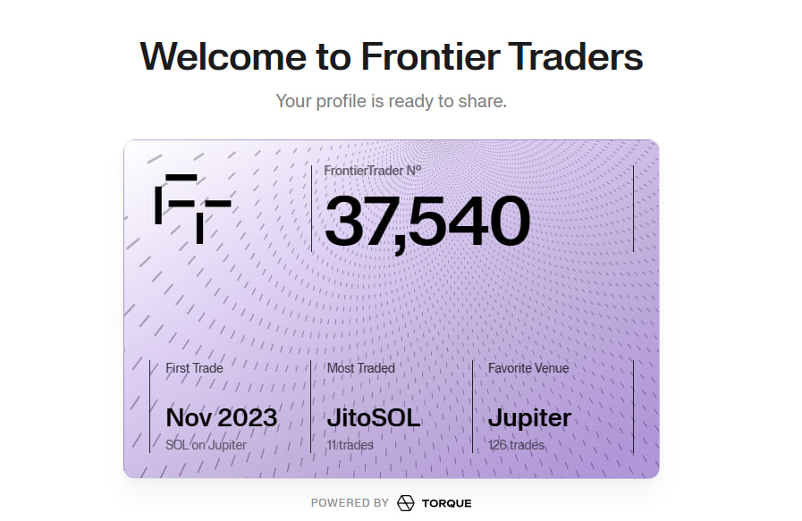 dravonnnn's tweet photo. just got my Solana trader profile 👀

Frontier Trader #37,540

first trade: Nov 2023
most traded: JitoSOL
favorite venue: Jupiter

pretty cool way to turn your onchain trading history into a profile.

grab yours early: https://t.co/RyNtK6EbWR

@joinfrontier https://t.co/m0w0BvdeSQ