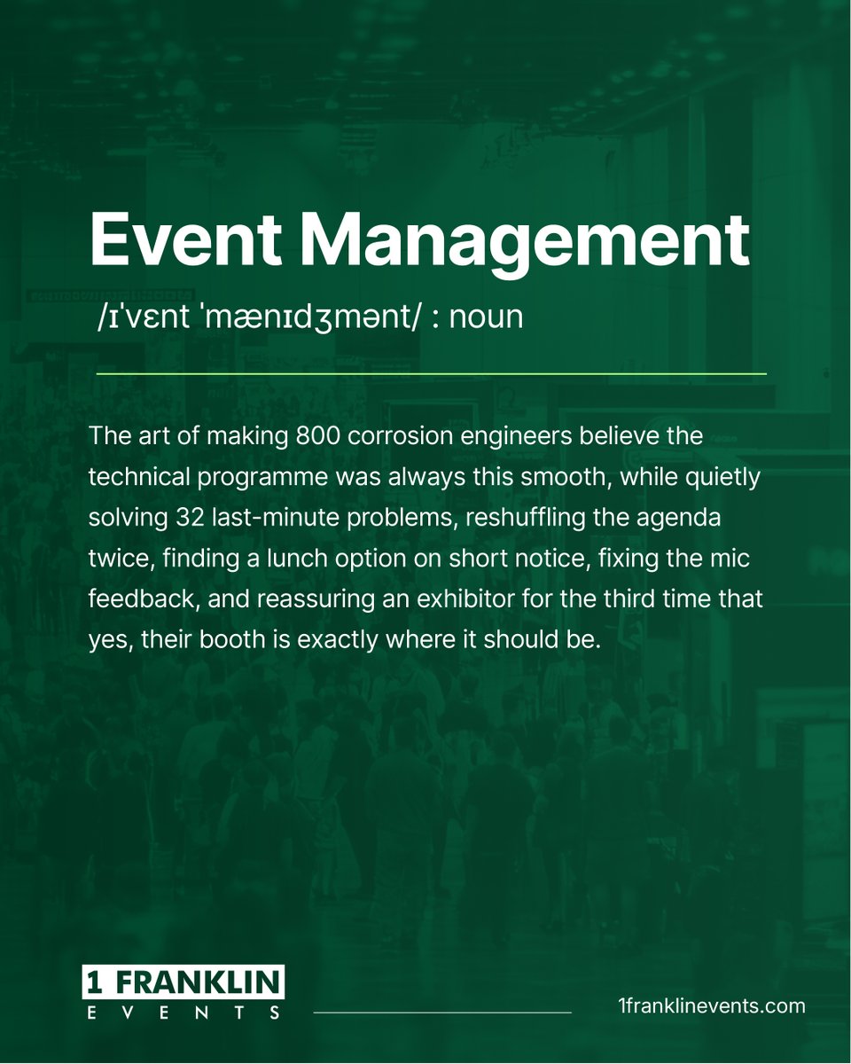 FranklinEvent's tweet photo. Running a technical event isn't just the day everyone sees.

We build the unseen part: reading hundreds of abstracts, vetting speakers so their claims hold up on the floor, and shaping a program worth showing up for.
That's the job.

#EventManagement #IndustrialEvents #OilAndGas https://t.co/xU0pAbir0y