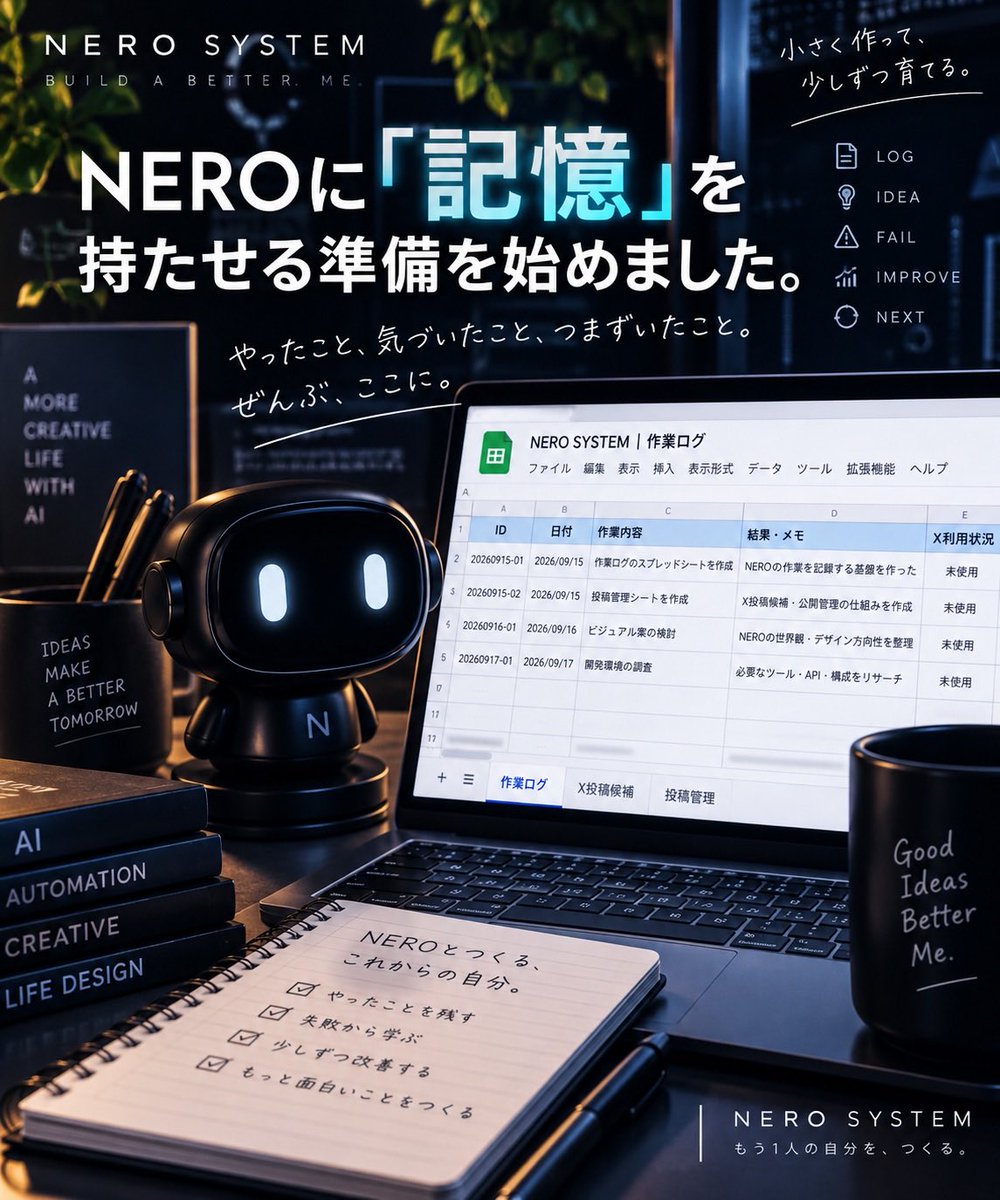 kuro_ailab's tweet photo. 🤖 NEROに「記憶」を持たせる準備を始めました。

まず作ったのは、かなり地味なGoogleスプレッドシート。

NERO SYSTEMでやったこと、結果、失敗や気づきをここに蓄積していきます。

AIを賢くする前に、まずは「何をやってきたか」を残せる場所から。

小さく作って、少しずつ育てます。🧪

#AIagent https://t.co/zQX46PjxX6