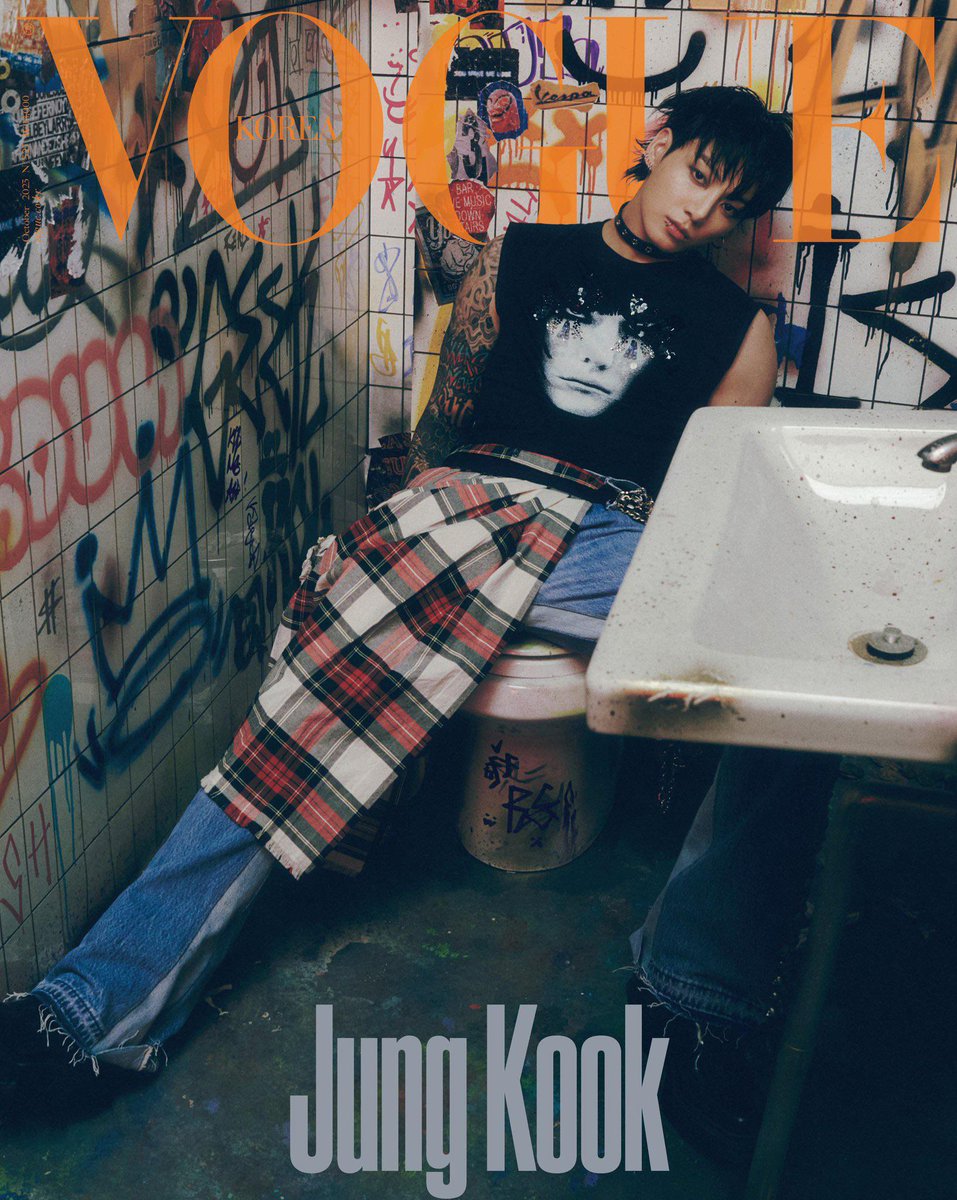 mnisjungkook's tweet photo. people forget that when he does have creative control of his own stuff and merchandise it has alternative pieces and aesthetics like he doesn’t play like look at his vogue photoshoot from 2023: https://t.co/4kCSiT9YG4