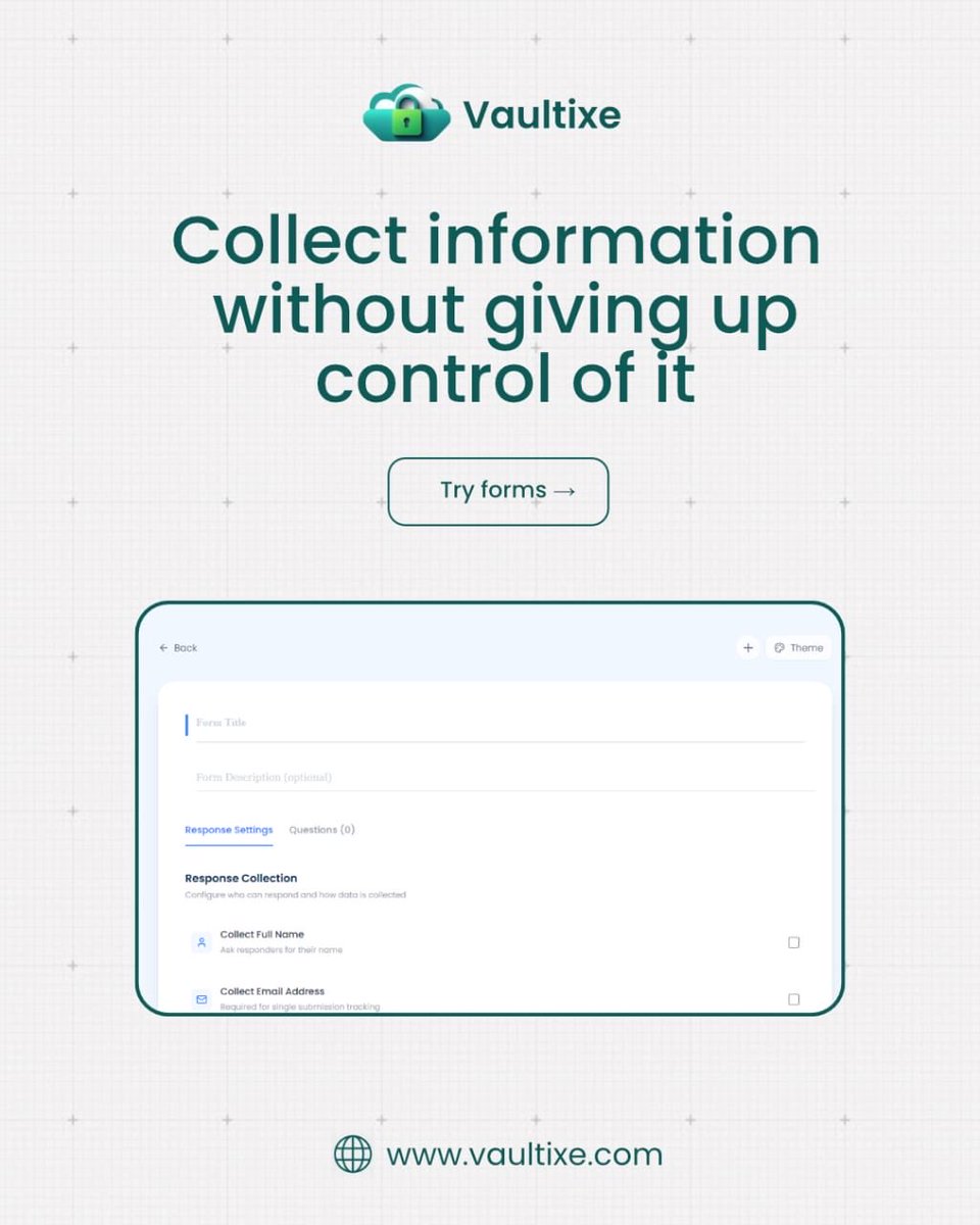 VaulTixe's tweet photo. Create secure, customizable forms with VaultiXe and collect responses while staying in control of your privacy and workflow.
Try Forms today at : https://t.co/UDlHQ9gBK5
#VaultiXe #PrivacyFirst #DigitalForms #DataCollection https://t.co/iBxXv1bmka