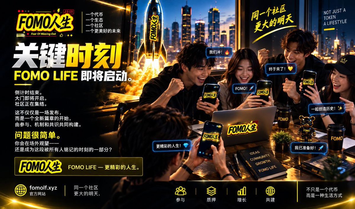 FomoLife_2026's tweet photo. 这一刻

FOMO LIFE 即将正式上线。

倒计时即将结束。
大门即将开启。
社区即将行动。

这不仅仅是一场发布。
这是全新篇章的开始——
围绕参与、机制与共识而构建。

问题很简单。

你会选择站在场外观望——

还是成为这个
所有人都会铭记的时刻
其中的一员？

FOMO人生

FOMO LIFE — 美好人生。

#Falp #FOMO人生 #地推社区
