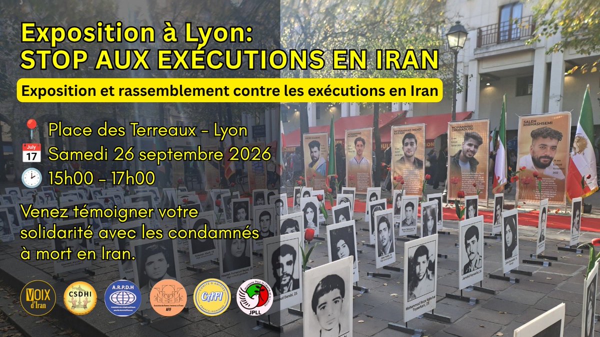malihehosseini9's tweet photo. Exposition à Lyon:STOP AUX EXÉCUTIONS EN IRAN. Place des Terreaux -Lyon Samd26 septembre 15hoo-17hoo #StopexecutionenIran https://t.co/chmVZefyx9