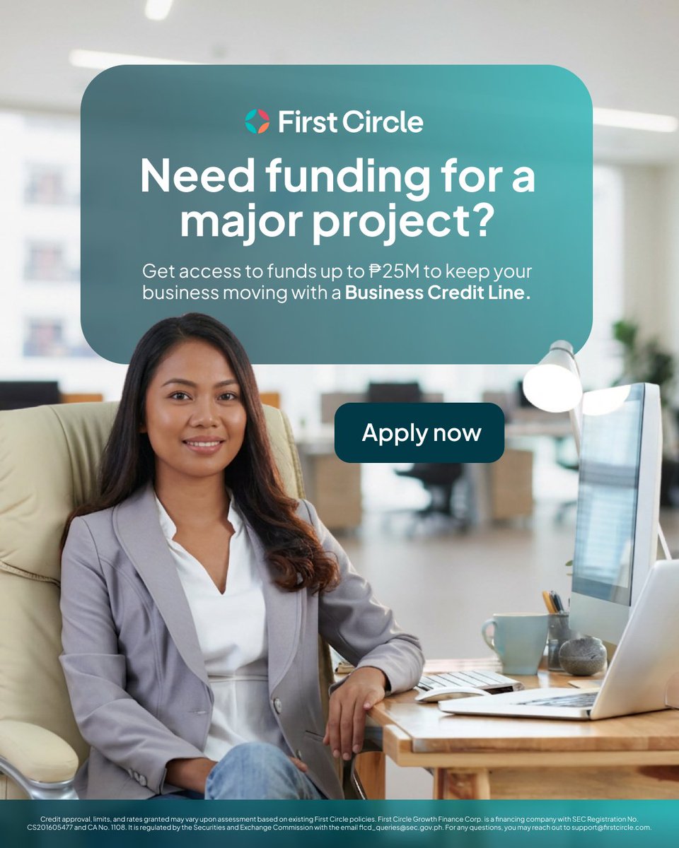 firstcircleph's tweet photo. Ready to take on your next major project?

With a Business Credit Line, get access to up to ₱25M in funding. So you can seize opportunities that can't wait.

Apply now: https://t.co/tmI2pvGuOI 

Credit approval, limits, and rates granted may vary upon assessment based on existing First Circle policies. First Circle Growth Finance Corp. is a financing company with SEC Registration No. CS201605477 and CA No. 1108. It is regulated by the Securities and Exchange Commission with the email flcd_queries@sec.gov.ph. For any questions, you may reach out to support@firstcircle.com.