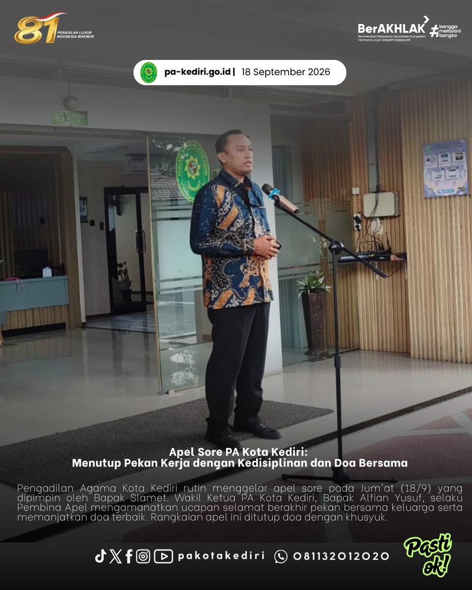 pakotakediri's tweet photo. Menutup pekan kerja yang produktif, aparatur Pengadilan Agama Kota Kediri kembali melaksanakan rutinitas apel sore pada hari Jum'at, 18 September 2026. https://t.co/bT3v58Nk5D