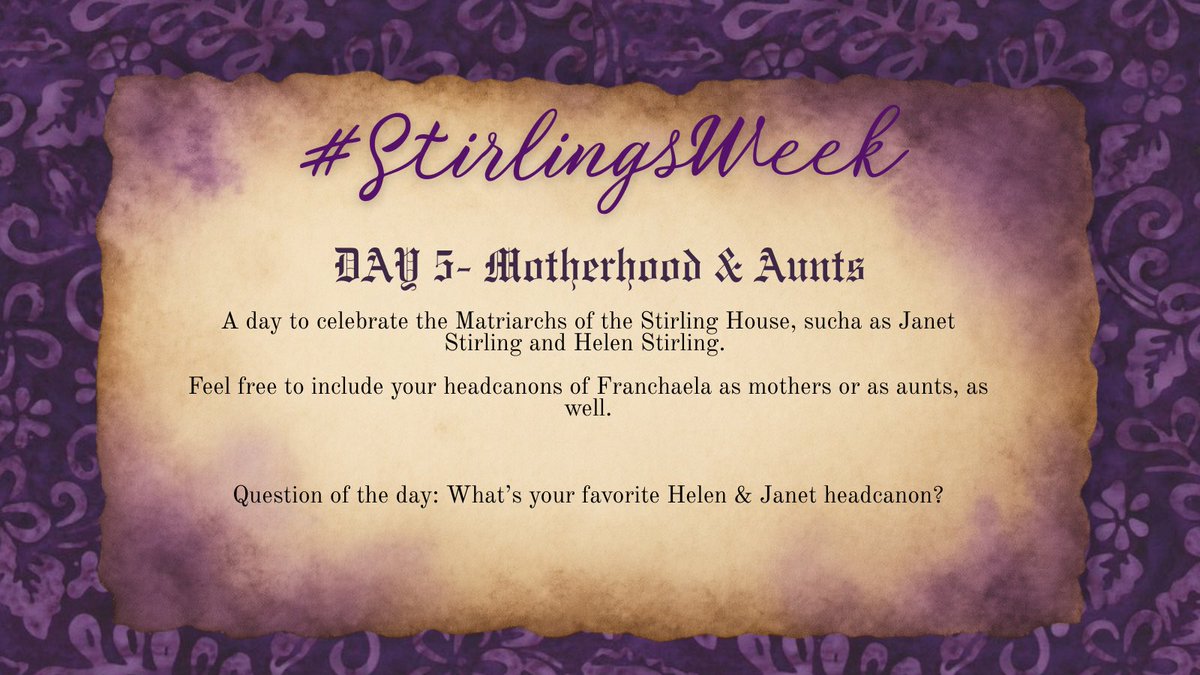 StirlingWeek's tweet photo. It’s day 5 of Stirling week !!!! 💜🏰

Today we celebrate mothers and aunts! a ride around mother-daughter/son relationships! feel free to share in any type of media! https://t.co/teoDtP1jYR