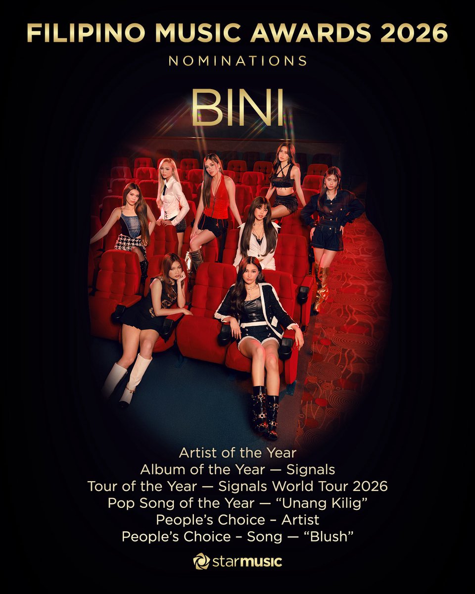 StarMusicPH's tweet photo. Congratulations, BINI, for being nominated on these categories at the Filipino Music Awards 2026! π
#BINI #FilipinoMusicAwards #FMAs #StarMusicPH https://t.co/wyNEVxJSDR