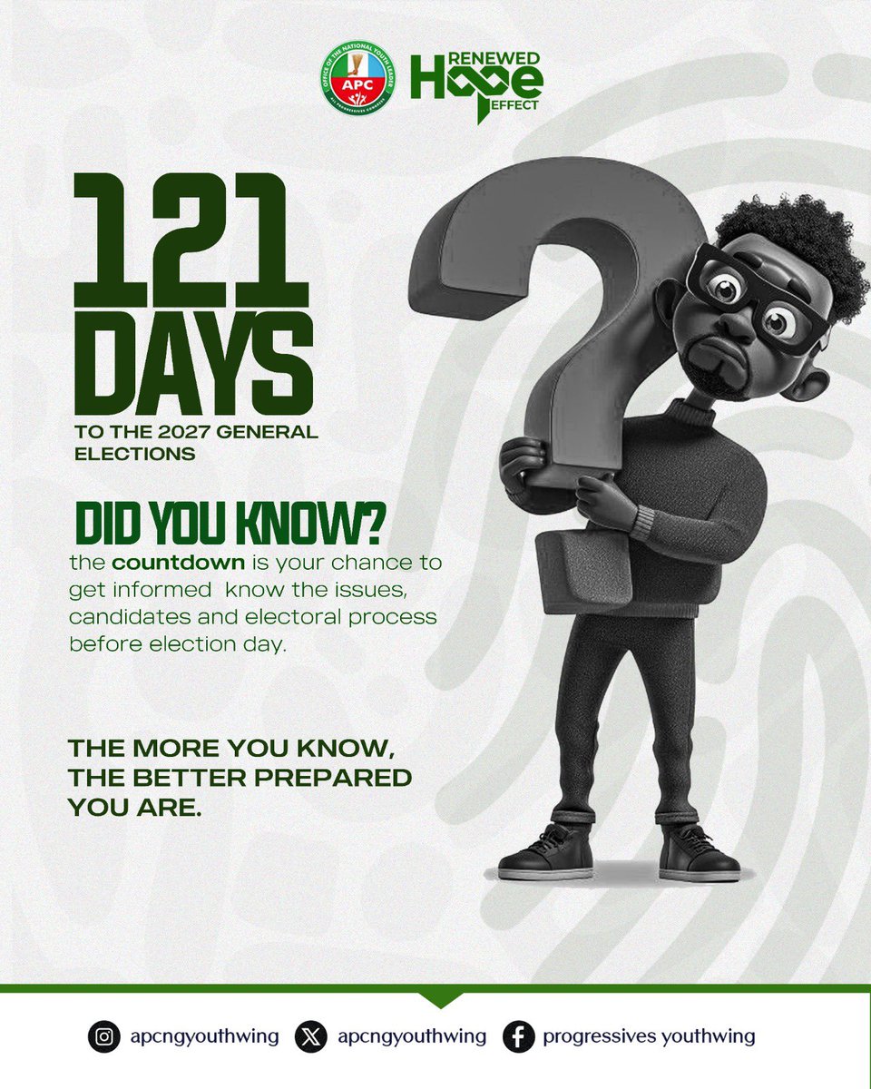apcngyouthwing's tweet photo. The clock is ticking. With 121 days to the 2027 General Elections, take the time to understand the issues, candidates, and electoral process. An informed citizen is a prepared citizen.
#apcyouthwing #progressiveminds #youngprogressive https://t.co/ipSzwEVNl6