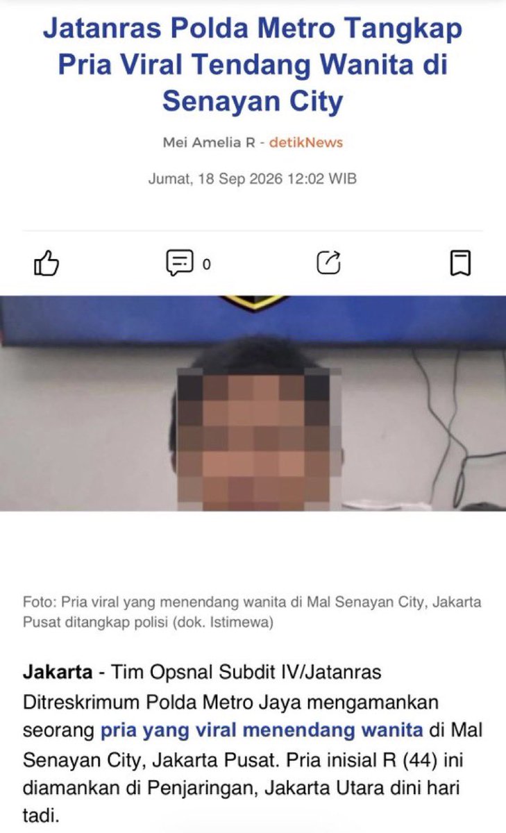 Res1Tulungagung's tweet photo. Tim Jatanras Ditreskrimum Polda Metro Jaya mengamankan pria berinisial R (44) yang diduga melakukan penendangan terhadap seorang wanita di Senayan City, Jakarta Pusat.

Komitmen Berantas Tindak Kriminal dan #TerdepanTegakkanHukum

Sumber: Detiknews https://t.co/Y6B61oPLpu