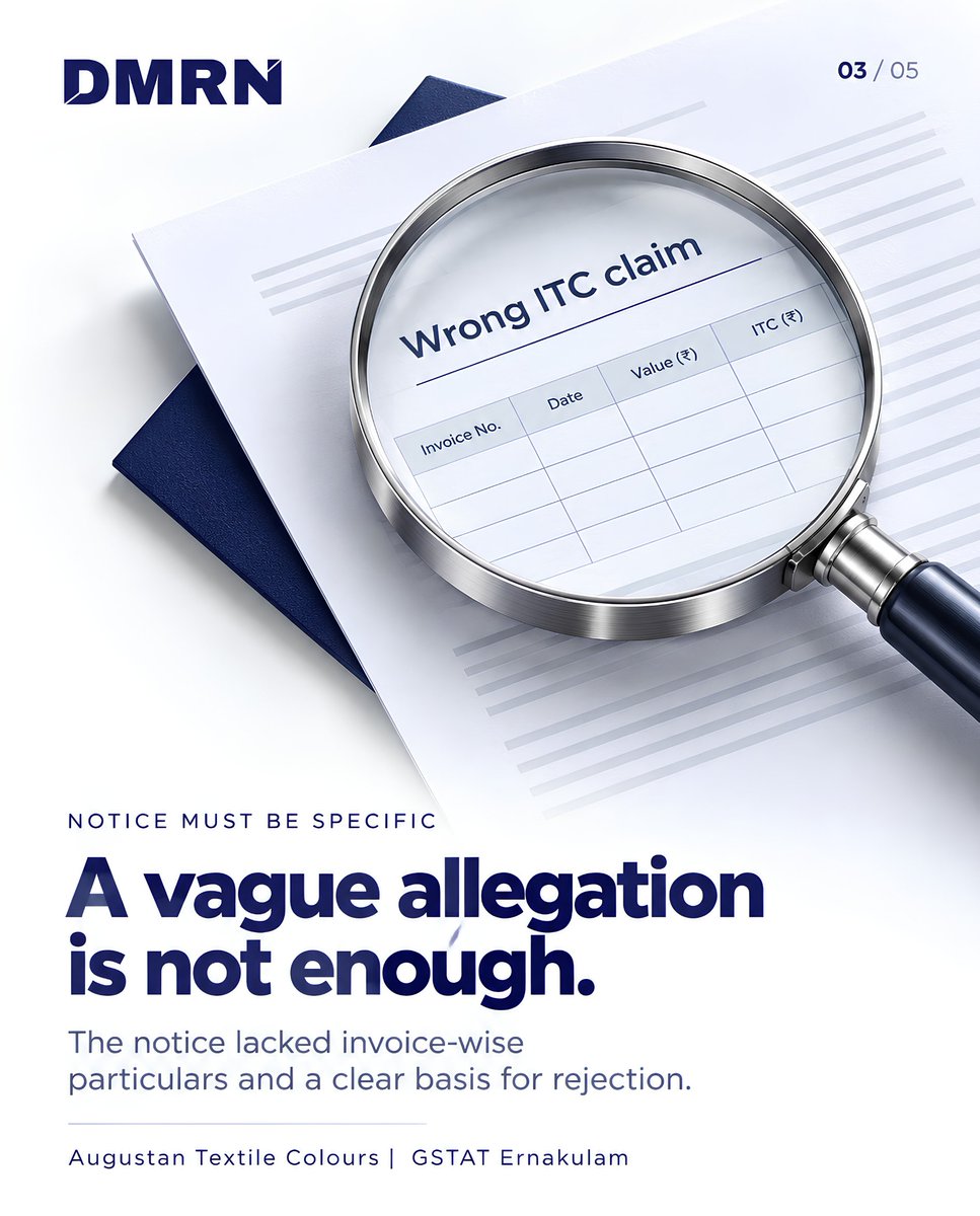dmrnindia's tweet photo. Can a refund officer decide ITC eligibility during refund processing?
GSTAT Ernakulam in Augustan Textile Colours held that ITC cannot be treated as ineligible for the first time under Sec. 54(3). Proper proceedings under Sec. 73/74 are required.
#GST #ITC #GSTRefund #GSTAT https://t.co/ys00rpSAiE