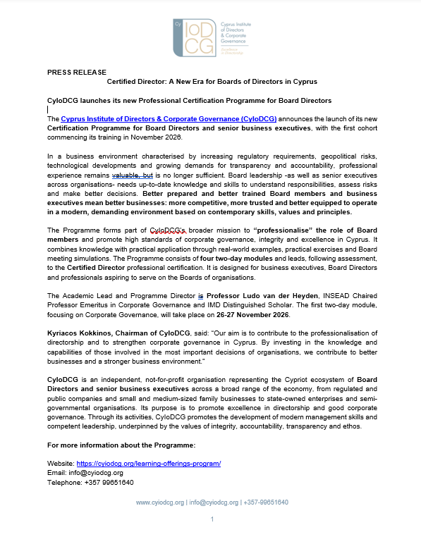 cyIodcg's tweet photo. CyIoDCG is pleased to announce the launch of its new Professional Certification Programme for Board Directors and senior business executives, supporting the professionalisation of directorship and stronger corporate governance in Cyprus.

First cohort: November 2026. https://t.co/x5oNt0YTqu