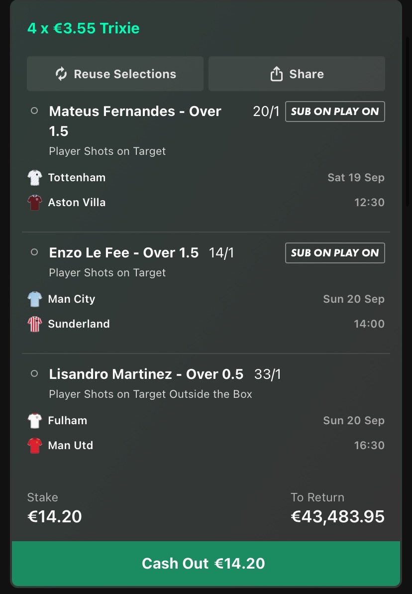 CL34B's tweet photo. I wanted to hold off to post this tomorrow instead but the price on Fernandes is already gone from 20 to 16/1.
For some reason they wouldn’t allow me do a €5 trixie hence the weird stake.
Also did the singles. https://t.co/BZHBMQ93dA