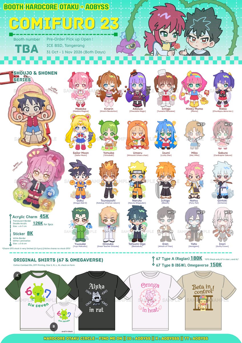 aobysss's tweet photo. (💙🔁 appreciated!)

Hardcore Otaku #CF23 PO is now open! 
#cf23catalogue #comifuro23

🗓PO period 18-29 SEPT
📍Booth TBA both days
🛒Pickup &amp; Mail order

Original | Shoujo | Shounen | Gokurakugai | Yaribu | DMMD | Slow Damage | One Piece

🔗 order below! https://t.co/ShRYXIVQcf
